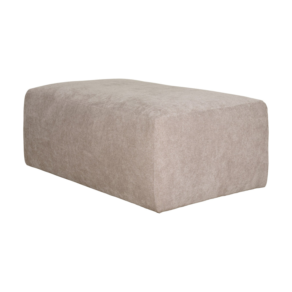 Bellus Olos puff i varm gråbeige chenille, rektangulær form, sett skrått