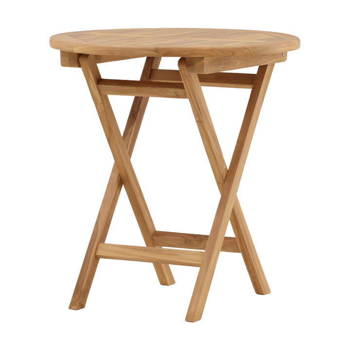 Venture Design Kenya cafébord i lys teak med rund plate, sett skrått mot hvit bakgrunn.