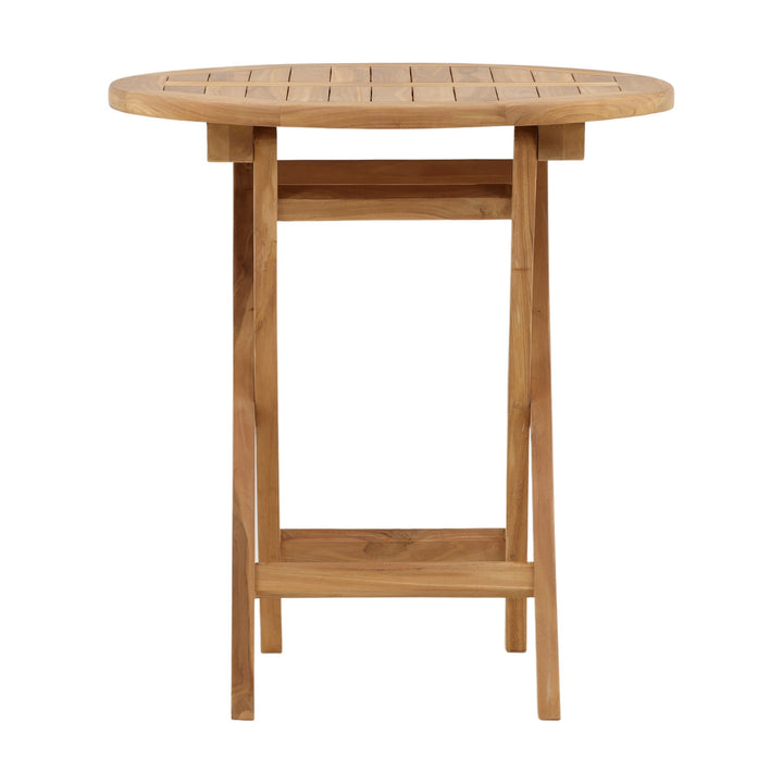 Venture Design Kenya cafébord i lys teak, rundt klappbord sett rett forfra på hvit bakgrunn.