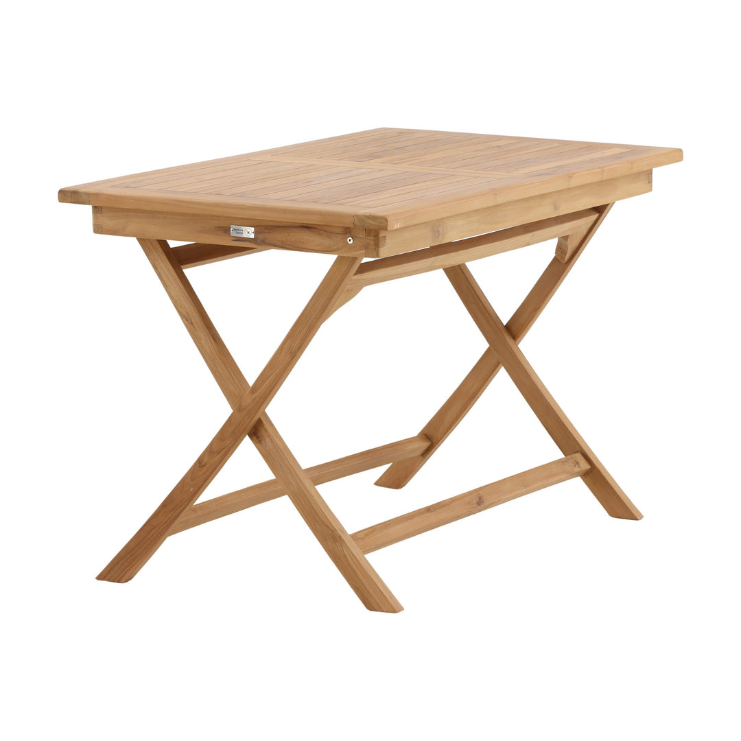 Venture Design Kenya spisebord i natur teak, sammenleggbart hagebord med kryssben, sett skrått