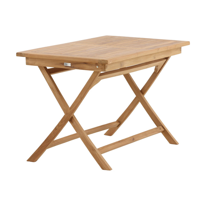Venture Design Kenya spisebord i natur teak, sammenleggbart hagebord med kryssben, sett skrått