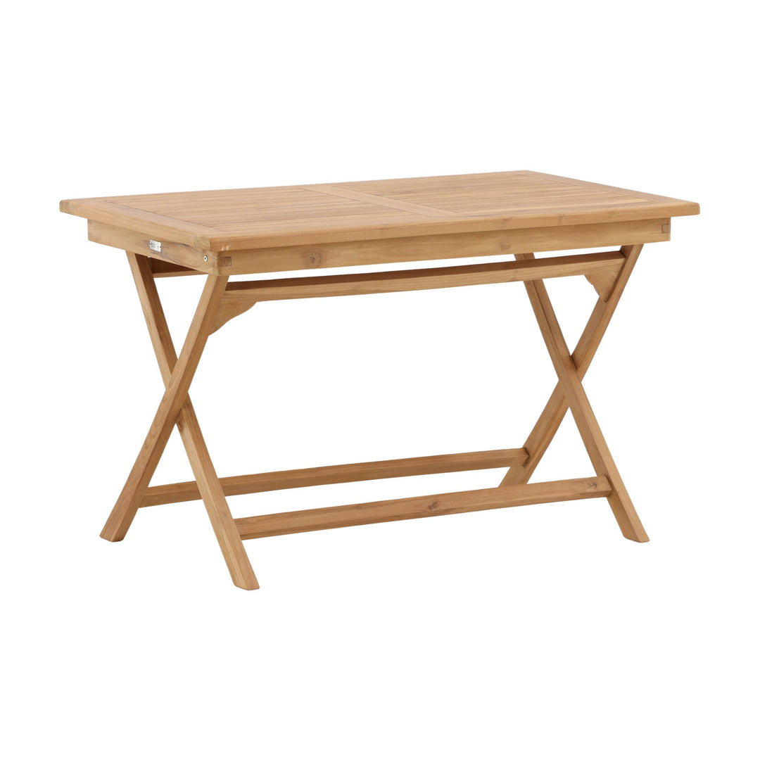 Venture Design Kenya spisebord i natur teak, sammenleggbart hagebord med kryssben, sett fra siden