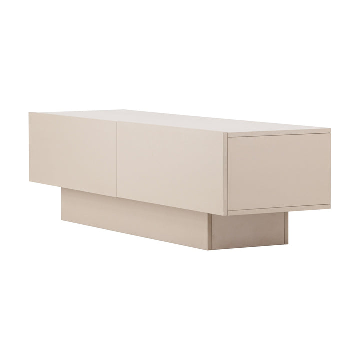 Cuenca tv-benk i beige med sokkel, vinklet frontvisning.
