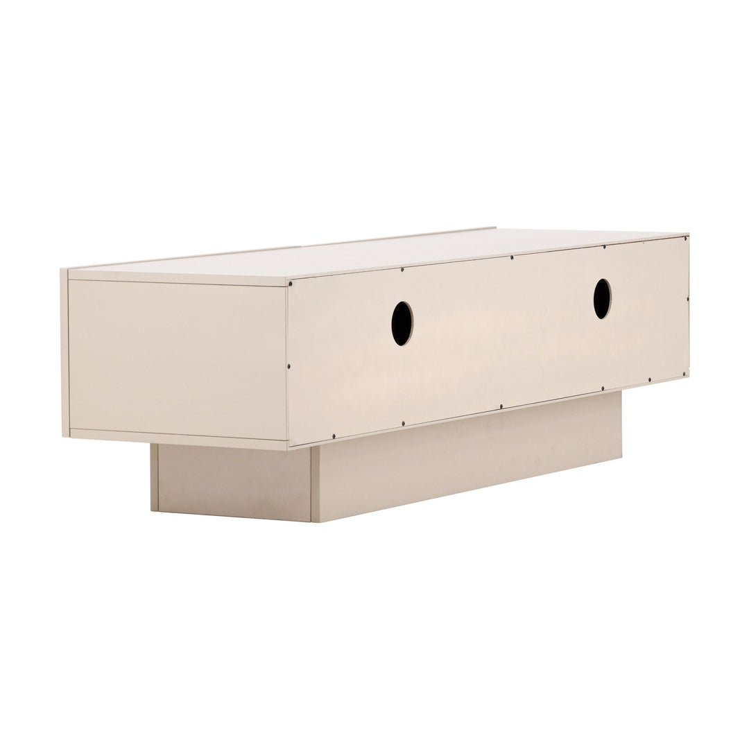Cuenca tv-benk i beige, bakside med kabelhull, vinklet.