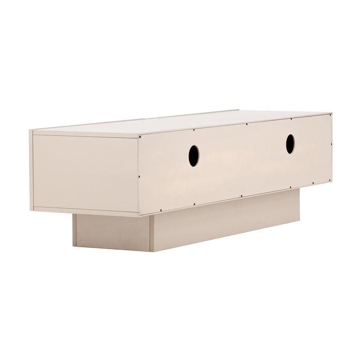Cuenca tv-benk i beige, bakside med kabelhull, vinklet.