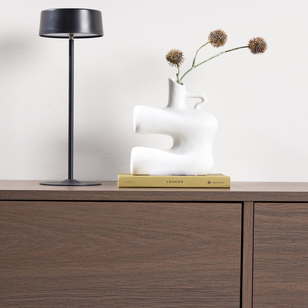 Dragh tv-benk i røkt eik med sort bordlampe og hvit vase med tørrblomster.