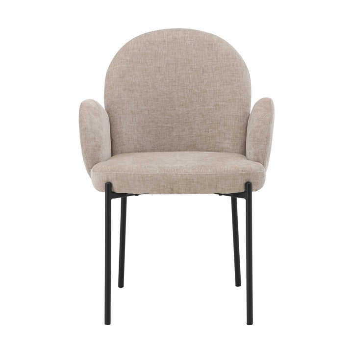 Blom spisestol i beige chenille med sorte metallben, sett forfra mot hvit bakgrunn.