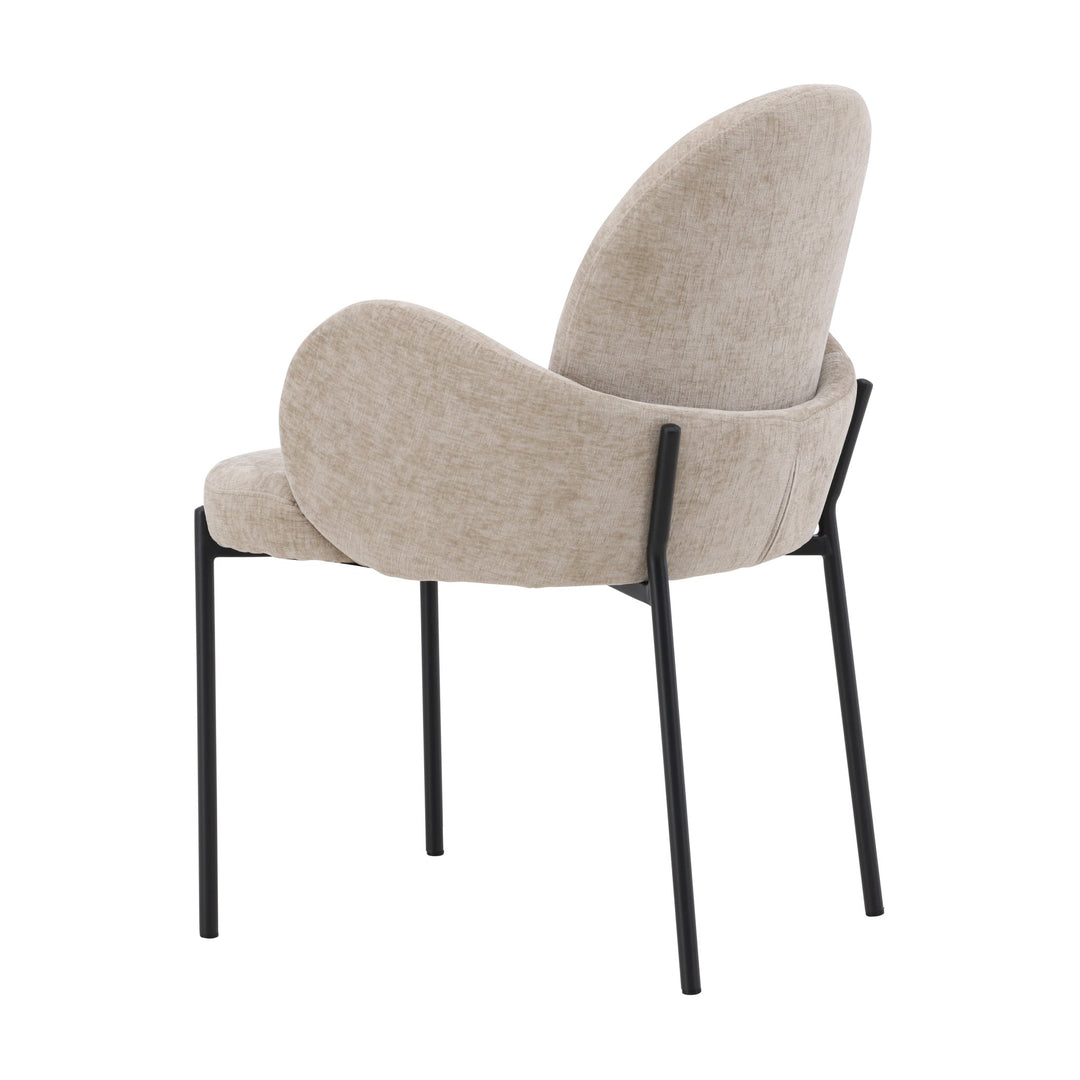 Blom spisestol i beige chenille sett bakfra, avrundet skall på sorte metallben