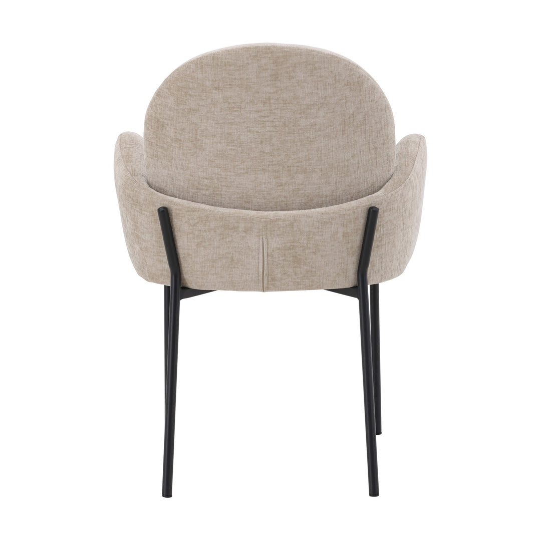 Blom spisestol i beige chenille sett rett bakfra, avrundet rygg på sorte ben