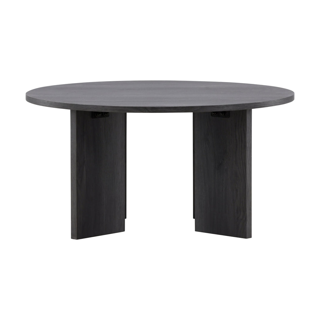 Askerøn sofabord i sort med brede plankeben, rundt bord sett rett forfra på hvit bakgrunn.