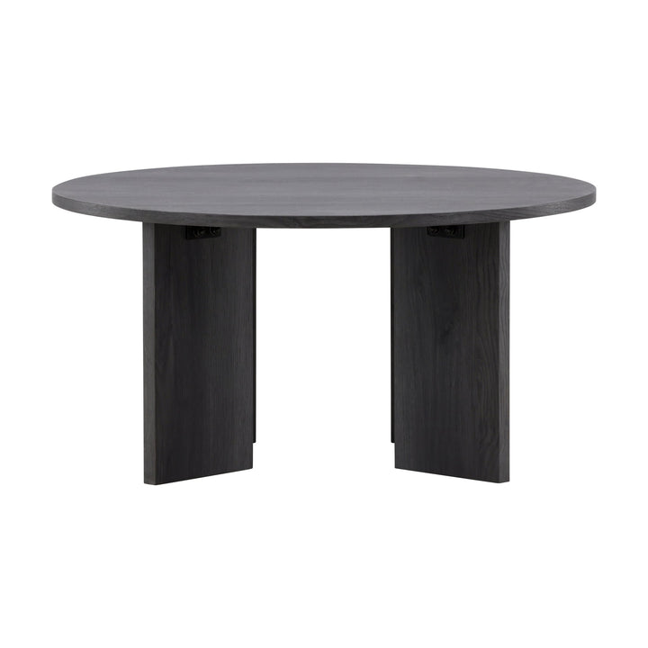 Askerøn sofabord i sort med brede plankeben, rundt bord sett rett forfra på hvit bakgrunn.