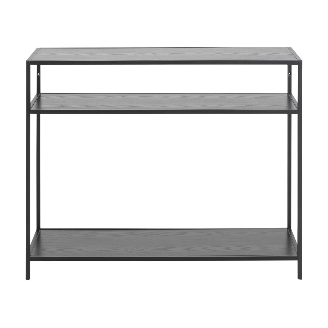 Seaford konsollbord i sort med to hyller, trelook-plate og sort metallramme