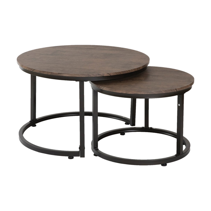 Hastings sofabord med rund trelook-plate og sorte metallben